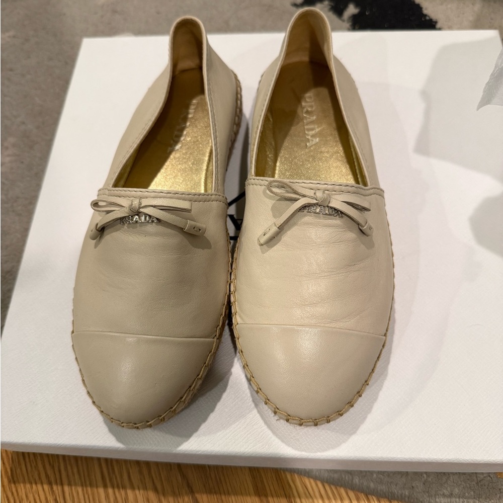 Prada Cream Leather Espadrille Loafers with Bow size 6